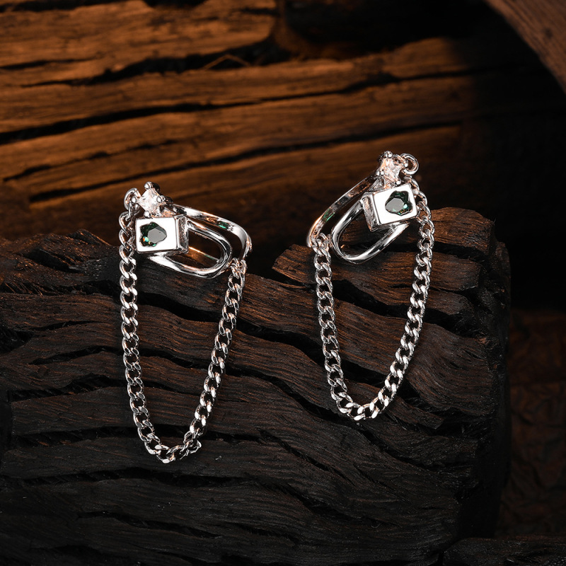 S925 sterling silver irregular double-layer ear clip long tassel earrings female simple zircon geometric chain earrings