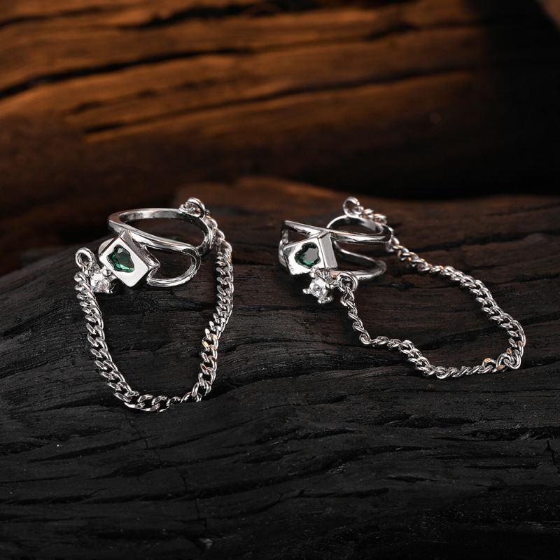 S925 sterling silver irregular double-layer ear clip long tassel earrings female simple zircon geometric chain earrings