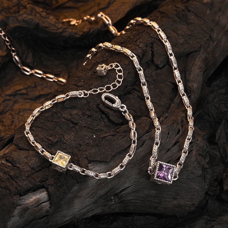 S925 sterling silver purple zircon unique three-dimensional retro necklace female niche design light luxury pendant