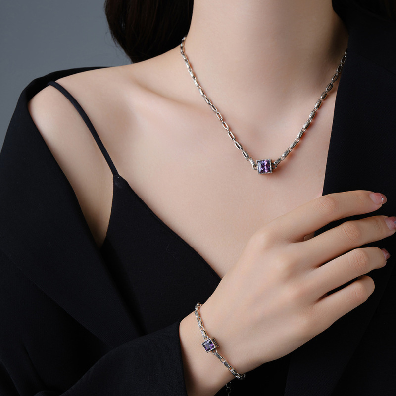 S925 sterling silver purple zircon unique three-dimensional retro necklace female niche design light luxury pendant