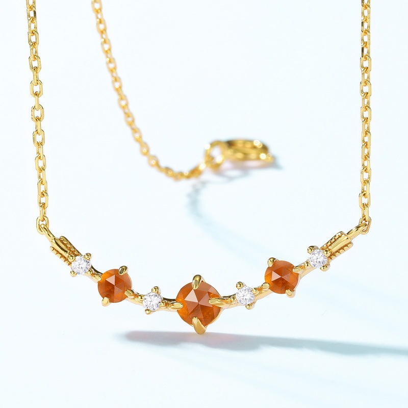 Simple Geometric Orange Garnet Necklace Retro Quality 925 Silver Necklace Clavicle Chain