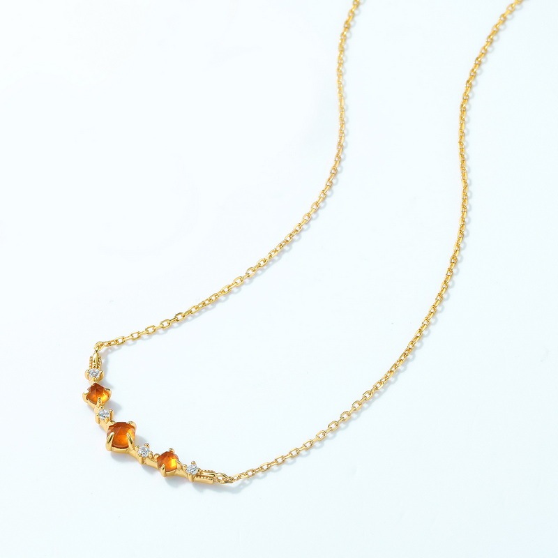 Simple Geometric Orange Garnet Necklace Retro Quality 925 Silver Necklace Clavicle Chain