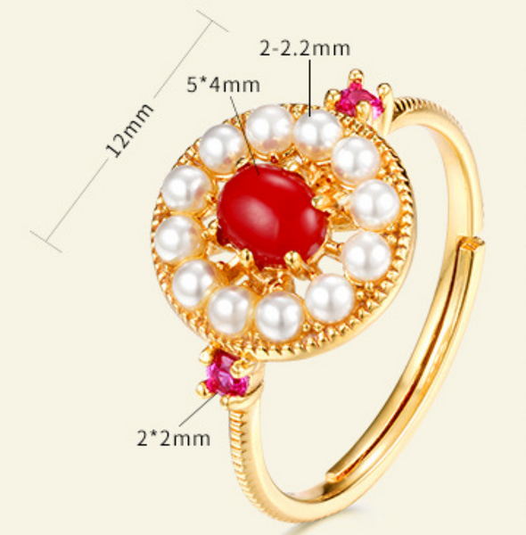 Luxury palace synthetic red agate shell bead flower ring S925 silver-plated 9K gold ring