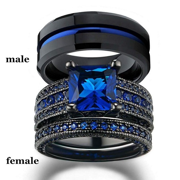 Wedding Ring Set Couple Rings 10K Black Gold Filled Blue Cz Wedding Engagement Ring
