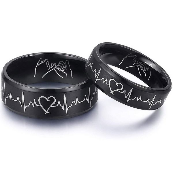 EKG love you forever hand in hand titanium steel couple ring