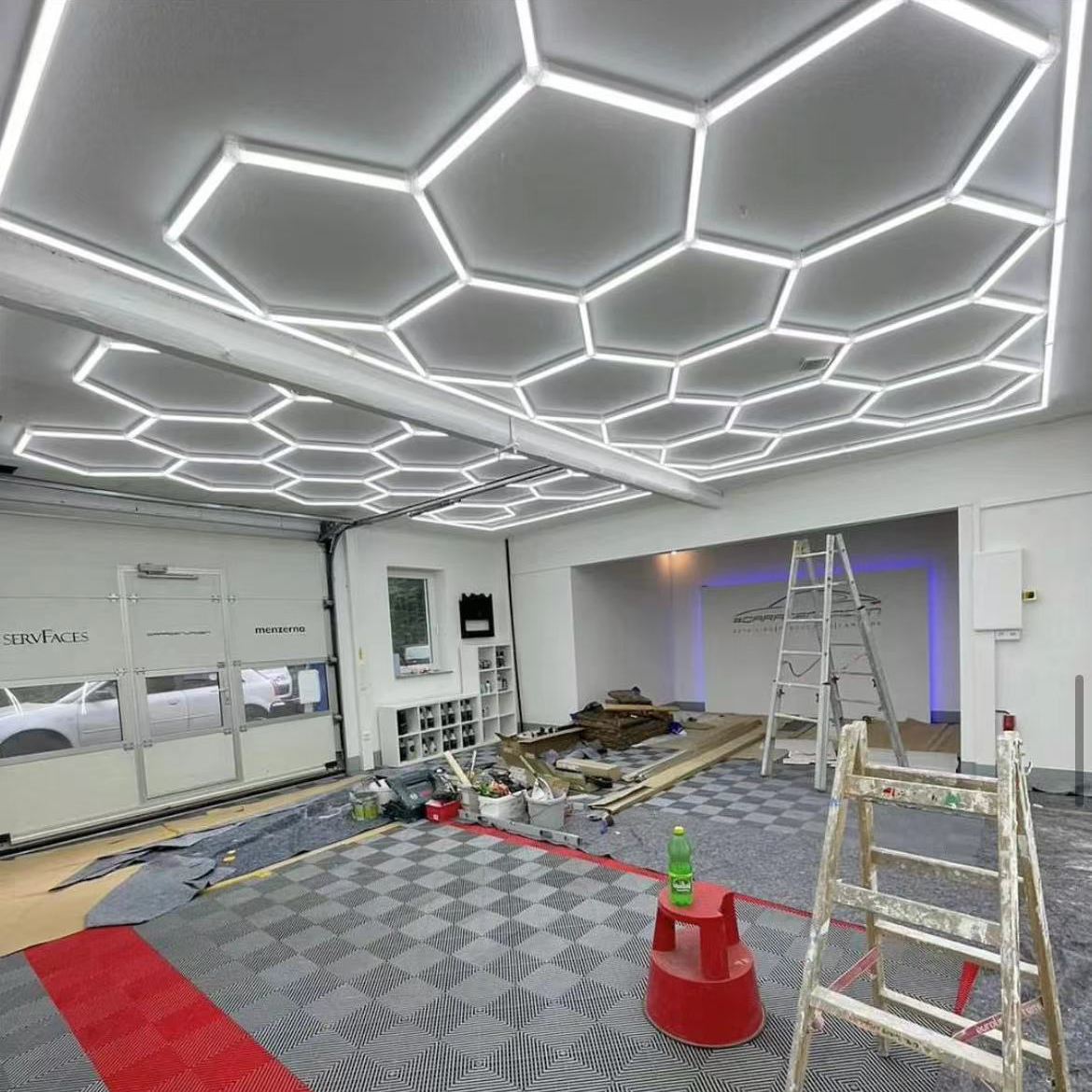 Oficina de detalhamento hexágono luzes led de teto para loja de carros e garagem luzes favo de mel luz led hexagonal