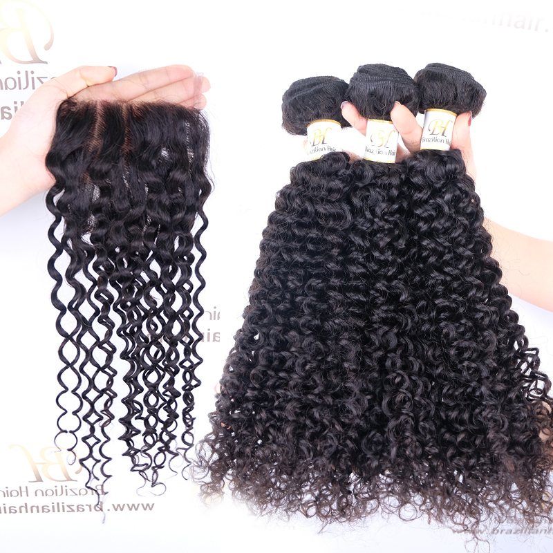 Brazilian Deep Curly Hair Lace Closure With 3 Bundles Unprocessed Virgin Human Hair