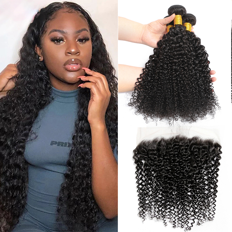 Brazilian Deep Curly Hair Lace Closure With 3 Bundles Unprocessed Virgin Human Hair