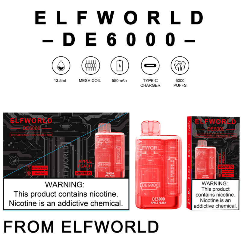 ELFWORLD DE6000 RECHARGEABLE DISPOSABLE VAPE POD DEVICE WHOLESALE (6000 PUFFS)
