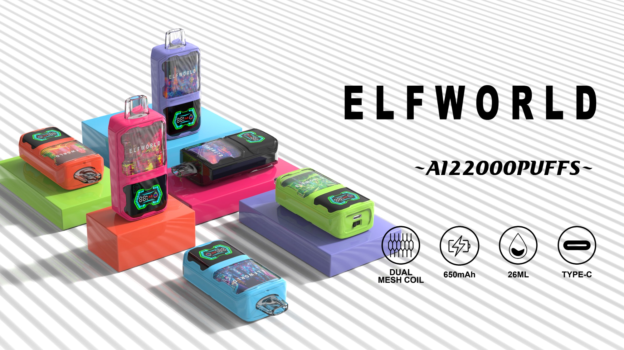 ELFWORLD AI22000 RECHARGEABLE DISPOSABLE VAPE POD DEVICE WITH BATTERY AND LIQUID DISPLAY WHOLESALE (22000 PUFFS)