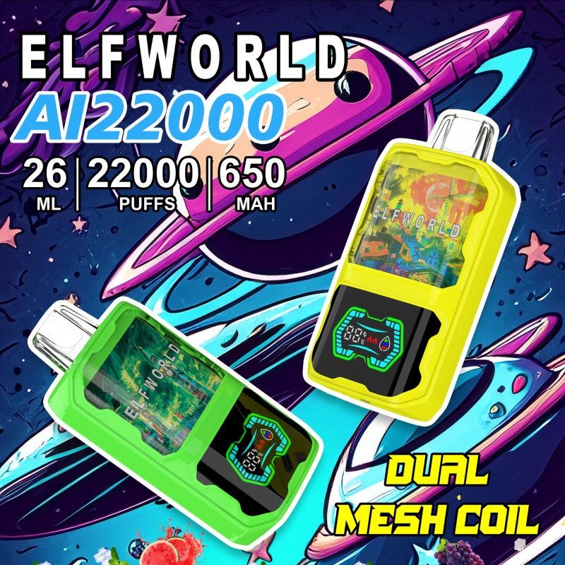 ELFWORLD AI22000 RECHARGEABLE DISPOSABLE VAPE POD DEVICE WITH BATTERY AND LIQUID DISPLAY WHOLESALE (22000 PUFFS)