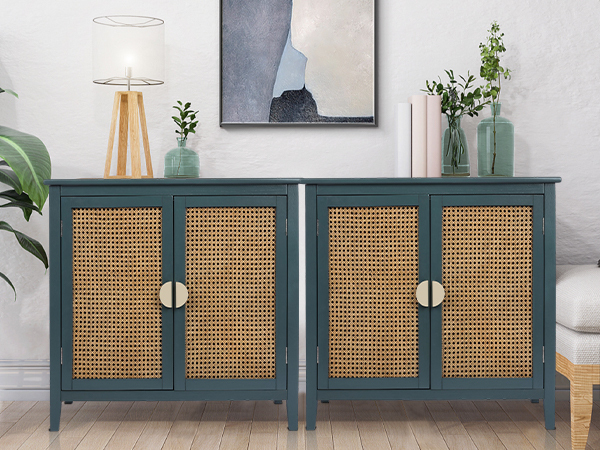 SZLIZCCC Sideboard Cabinet, Rattan Accent Storage Cabinet with 2 Rattan Doors Kitchen Buffet Storage with Adjustable Shelves Cupboard for Dining Room, Living Room, Entryway, Hallway(Green)