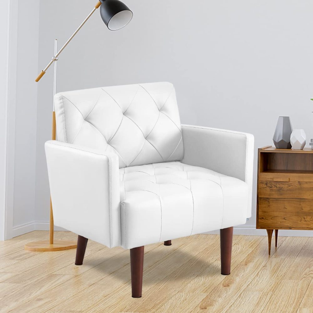 SZLIZCCC PU Leather Accent Chair, Mid Century Modern Armchair for Living Room Reading Tufted Chair Single Sofa High-Density Foam Cushion Solid Wood Legs for Home, Bedroom, Office, Reception(White)