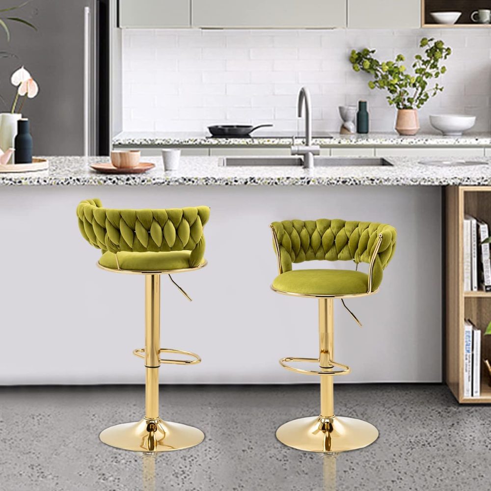 SZLIZCCC Velvet Woven Barstools Set of 2, Height Adjustable Kitchen Counter Stool, Island Chair, 360°Swivel Bar Chairs Gold Metal Chassis and Low Back Bar Stool