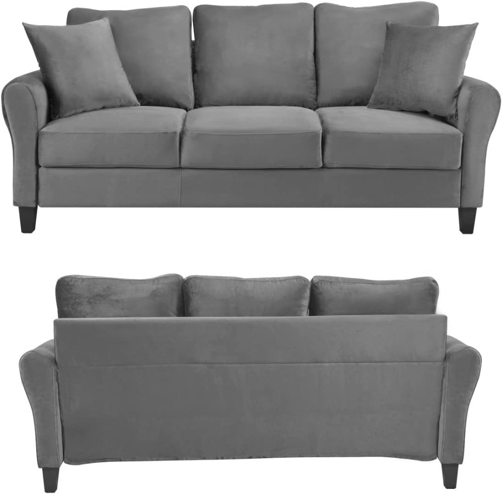 PEIHONGET 78.35" Mid-Century Modern Living Room Sofa 3 Seater Velvet Sofa Couch with 2 Pillows Armrest and Wood Legs for Bedroom, Apartment, Dorm, Office (Gray)