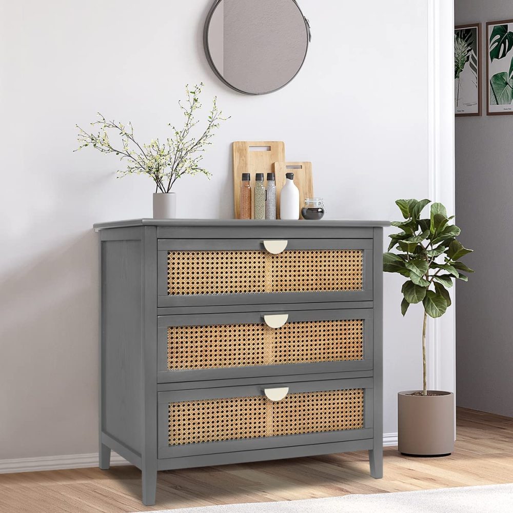 PEIHONGET 3 Drawer Dresser, Rattan Drawer Chest Modern Wood Storage Chest of Drawers with Metal Handles Storage Dresser for Kids Bedroom, Living Room, Hallway, Entryway (Grey)