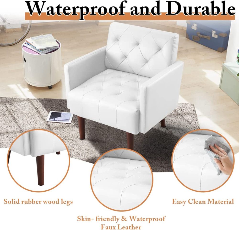 SZLIZCCC PU Leather Accent Chair, Mid Century Modern Armchair for Living Room Reading Tufted Chair Single Sofa High-Density Foam Cushion Solid Wood Legs for Home, Bedroom, Office, Reception(White)