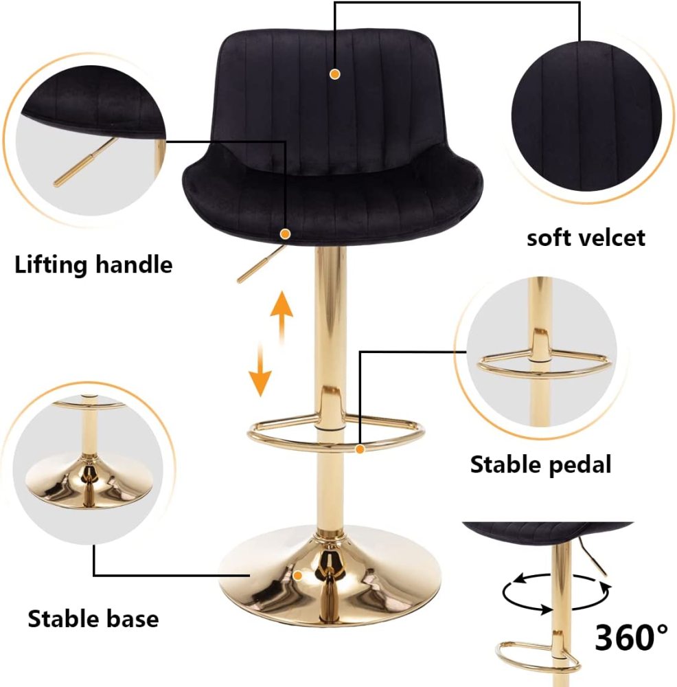 PEIHONGET Bar Stools Set of 2, 360° Swivel Barstools with Golden Base, Adjustable Airlift Counter Height Bar Stool Velvet Bar Chair with Padded Back for Kitchen, Home Bar, Pub Cafe( Black)