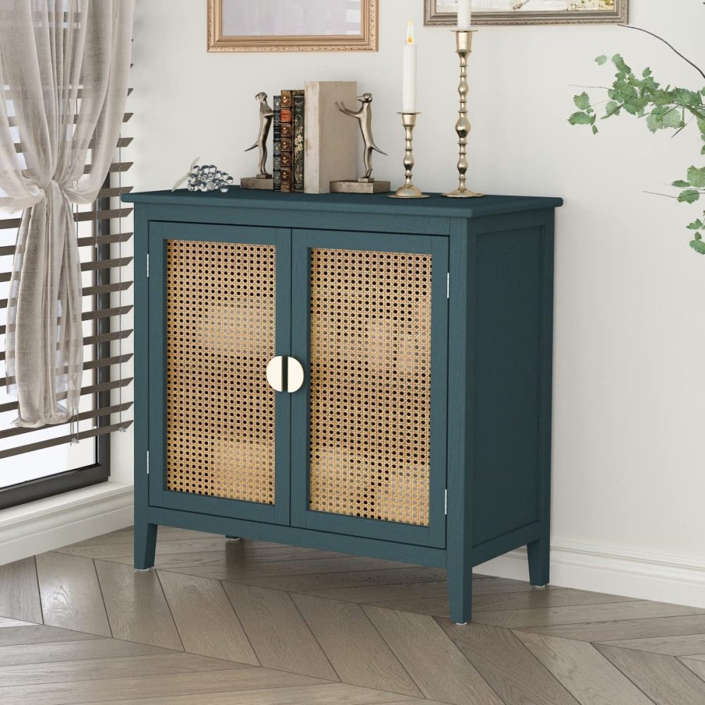 PEIHONGET Sideboard Cabinet, Rattan Accent Storage Cabinet with 2 Rattan Doors Kitchen Buffet Storage with Adjustable Shelves Cupboard for Dining Room, Living Room, Entryway, Hallway(Green)