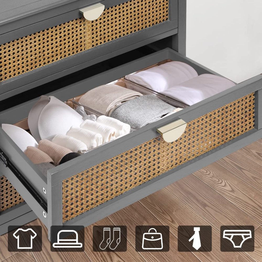 PEIHONGET 3 Drawer Dresser, Rattan Drawer Chest Modern Wood Storage Chest of Drawers with Metal Handles Storage Dresser for Kids Bedroom, Living Room, Hallway, Entryway (Grey)