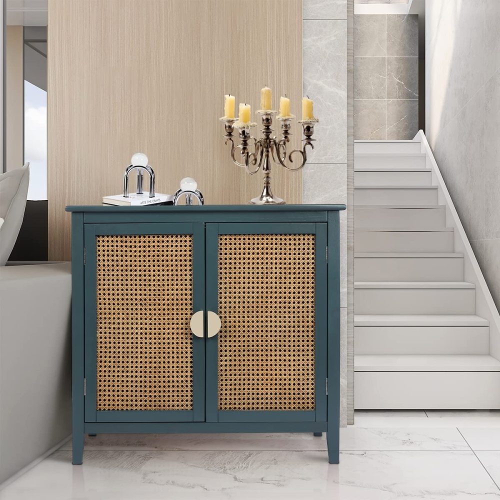 PEIHONGET Sideboard Cabinet, Rattan Accent Storage Cabinet with 2 Rattan Doors Kitchen Buffet Storage with Adjustable Shelves Cupboard for Dining Room, Living Room, Entryway, Hallway(Green)