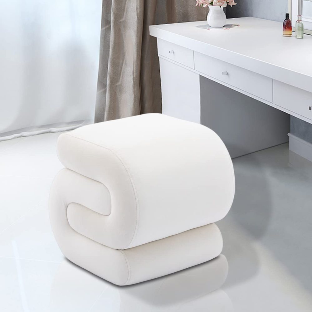 PEIHONGET S-Shape Velvet Ottoman, Vanity Stool Upholstered Footrest Ottoman Stool Dressing Chair Makeup Rest Stool Chair for Makeup, Living Room, Bedroom(White)