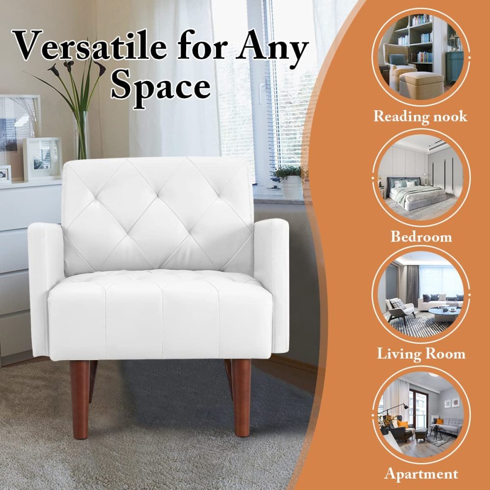 SZLIZCCC PU Leather Accent Chair, Mid Century Modern Armchair for Living Room Reading Tufted Chair Single Sofa High-Density Foam Cushion Solid Wood Legs for Home, Bedroom, Office, Reception(White)