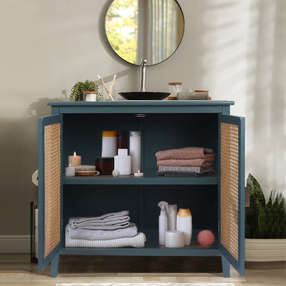 PEIHONGET Sideboard Cabinet, Rattan Accent Storage Cabinet with 2 Rattan Doors Kitchen Buffet Storage with Adjustable Shelves Cupboard for Dining Room, Living Room, Entryway, Hallway(Green)