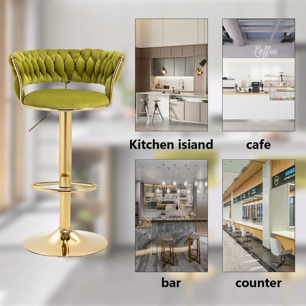 SZLIZCCC Velvet Woven Barstools Set of 2, Height Adjustable Kitchen Counter Stool, Island Chair, 360°Swivel Bar Chairs Gold Metal Chassis and Low Back Bar Stool