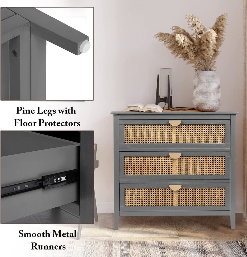 PEIHONGET 3 Drawer Dresser, Rattan Drawer Chest Modern Wood Storage Chest of Drawers with Metal Handles Storage Dresser for Kids Bedroom, Living Room, Hallway, Entryway (Grey)