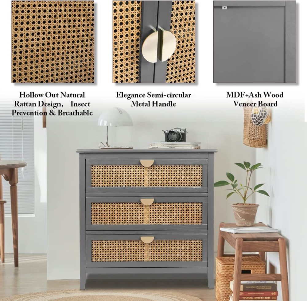 PEIHONGET 3 Drawer Dresser, Rattan Drawer Chest Modern Wood Storage Chest of Drawers with Metal Handles Storage Dresser for Kids Bedroom, Living Room, Hallway, Entryway (Grey)