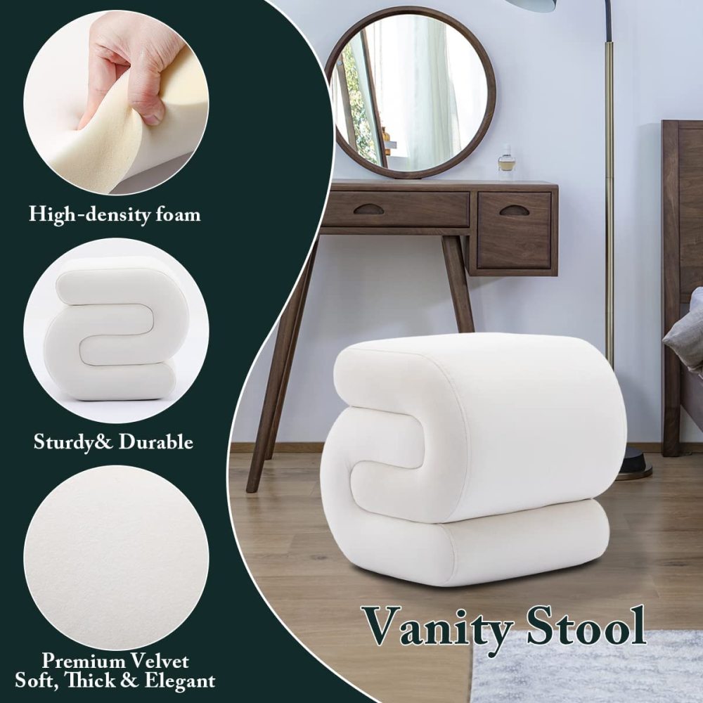 PEIHONGET S-Shape Velvet Ottoman, Vanity Stool Upholstered Footrest Ottoman Stool Dressing Chair Makeup Rest Stool Chair for Makeup, Living Room, Bedroom(White)