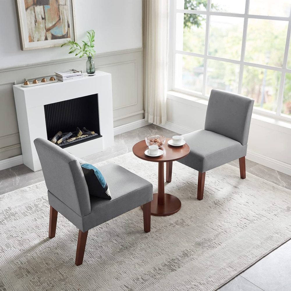 PEIHONGET Armless Accent Chair Set of 2, Slipper Chair with Side Table, Living Room Chair Solid Wood Legs Fabric Side Bedroom Chairs Upholstered Corner Side Chair Dinner Chair for Home, Office(Grey)