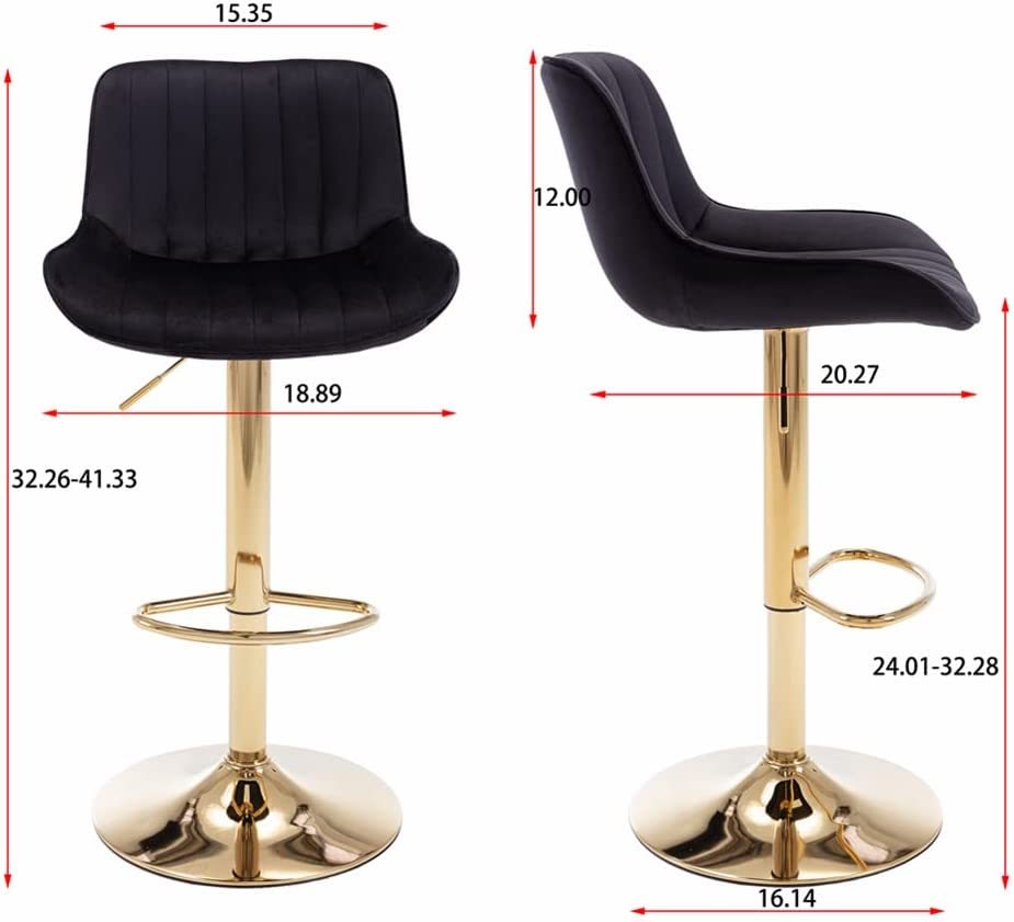 PEIHONGET Bar Stools Set of 2, 360° Swivel Barstools with Golden Base, Adjustable Airlift Counter Height Bar Stool Velvet Bar Chair with Padded Back for Kitchen, Home Bar, Pub Cafe( Black)