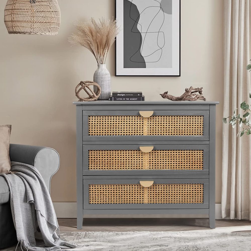 PEIHONGET 3 Drawer Dresser, Rattan Drawer Chest Modern Wood Storage Chest of Drawers with Metal Handles Storage Dresser for Kids Bedroom, Living Room, Hallway, Entryway (Grey)