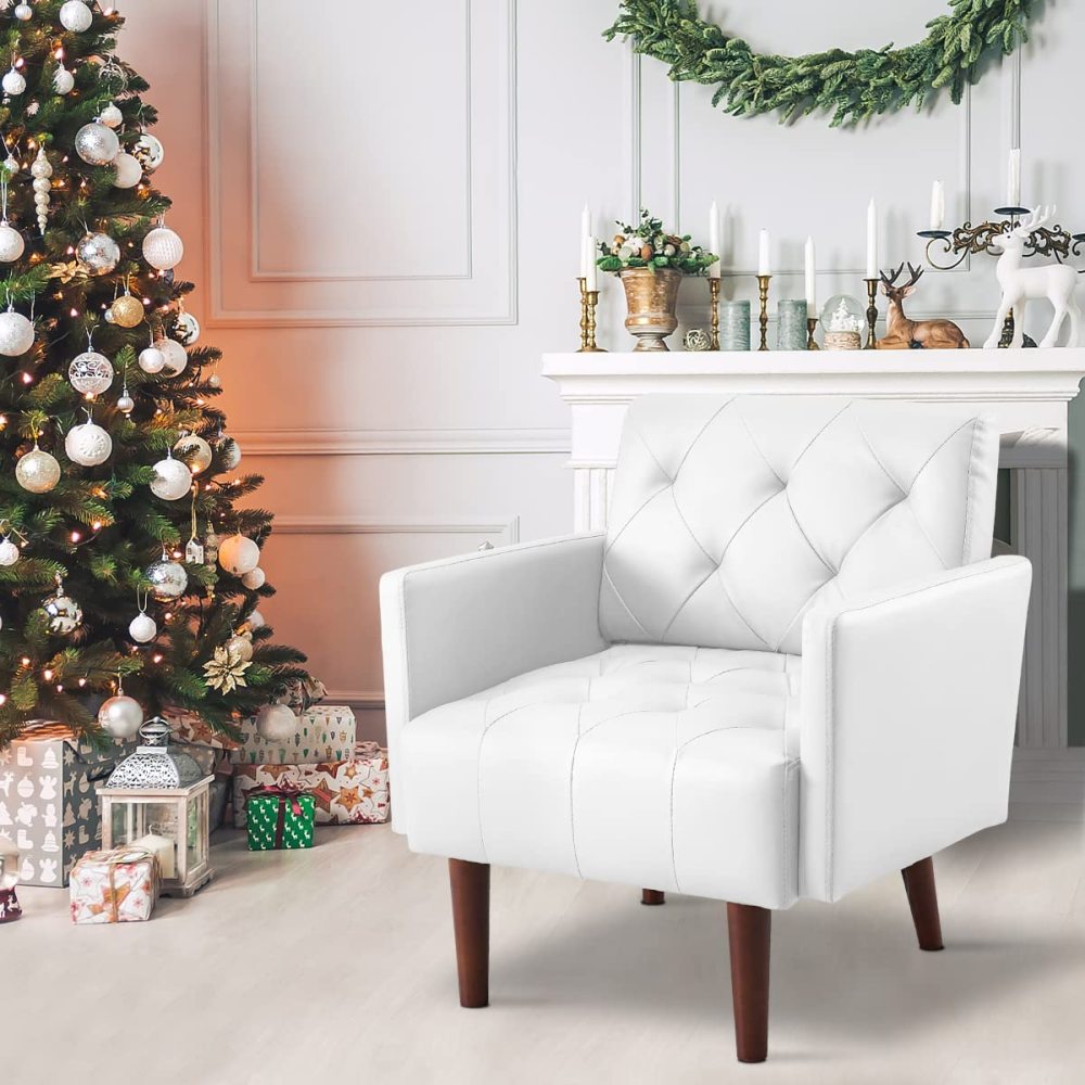 SZLIZCCC PU Leather Accent Chair, Mid Century Modern Armchair for Living Room Reading Tufted Chair Single Sofa High-Density Foam Cushion Solid Wood Legs for Home, Bedroom, Office, Reception(White)