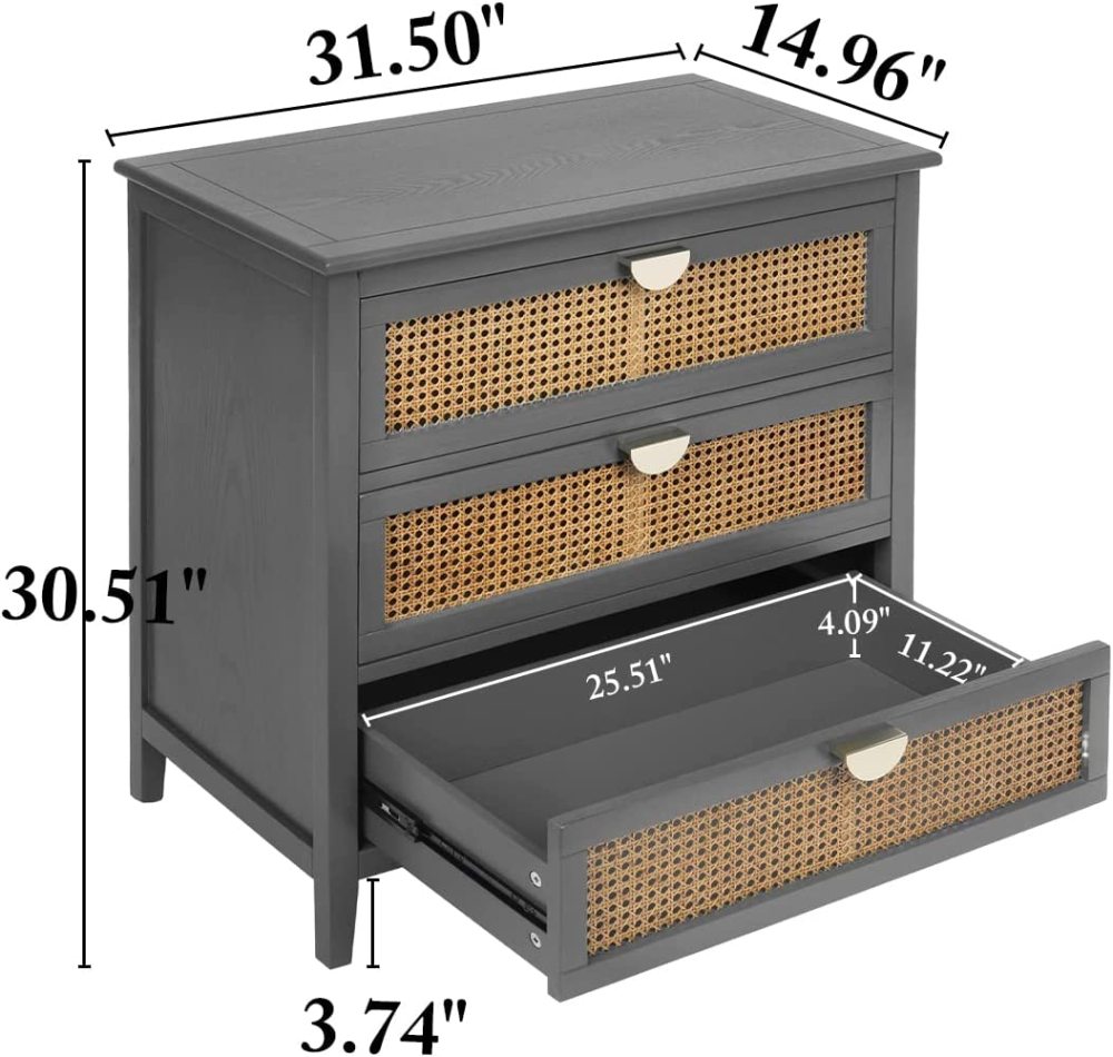 PEIHONGET 3 Drawer Dresser, Rattan Drawer Chest Modern Wood Storage Chest of Drawers with Metal Handles Storage Dresser for Kids Bedroom, Living Room, Hallway, Entryway (Grey)
