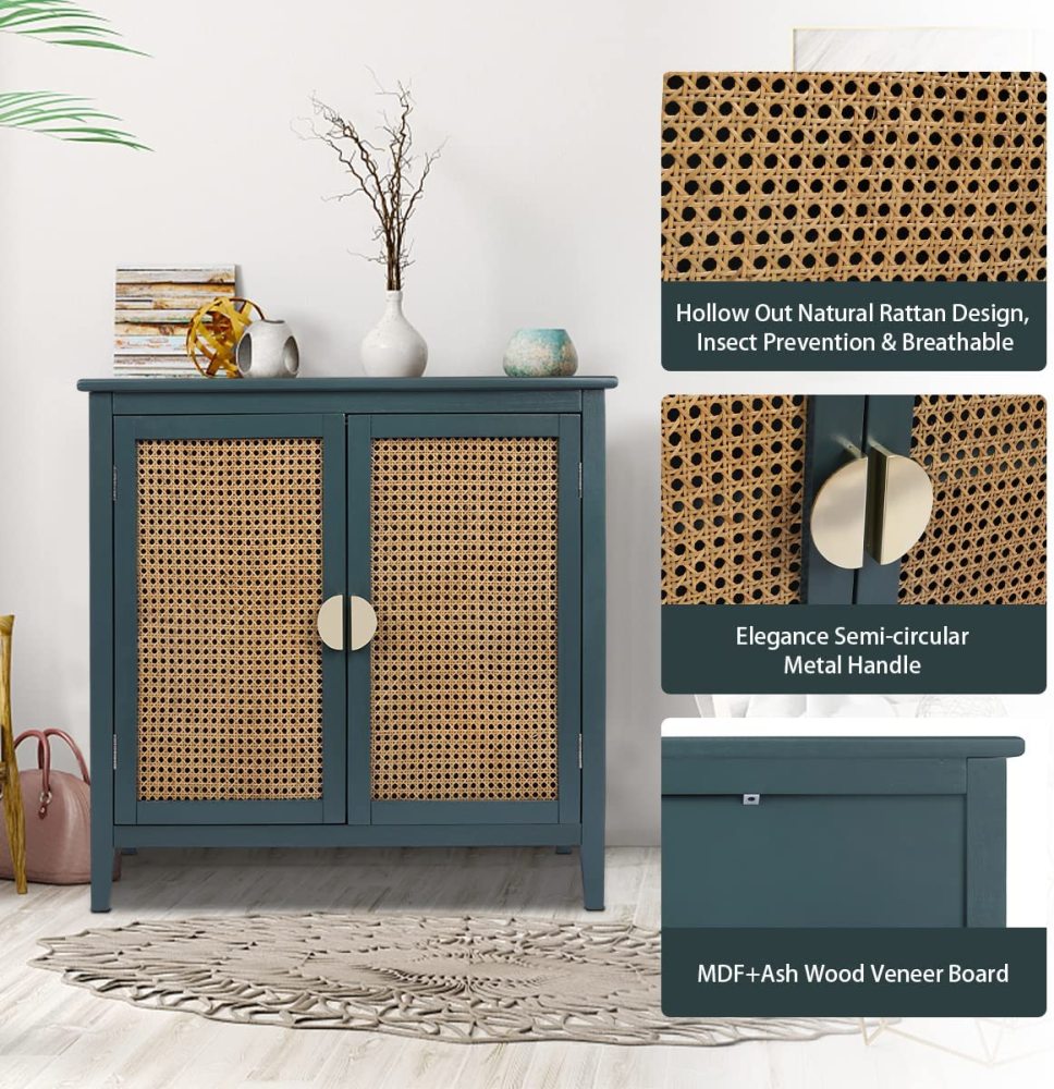 PEIHONGET Sideboard Cabinet, Rattan Accent Storage Cabinet with 2 Rattan Doors Kitchen Buffet Storage with Adjustable Shelves Cupboard for Dining Room, Living Room, Entryway, Hallway(Green)
