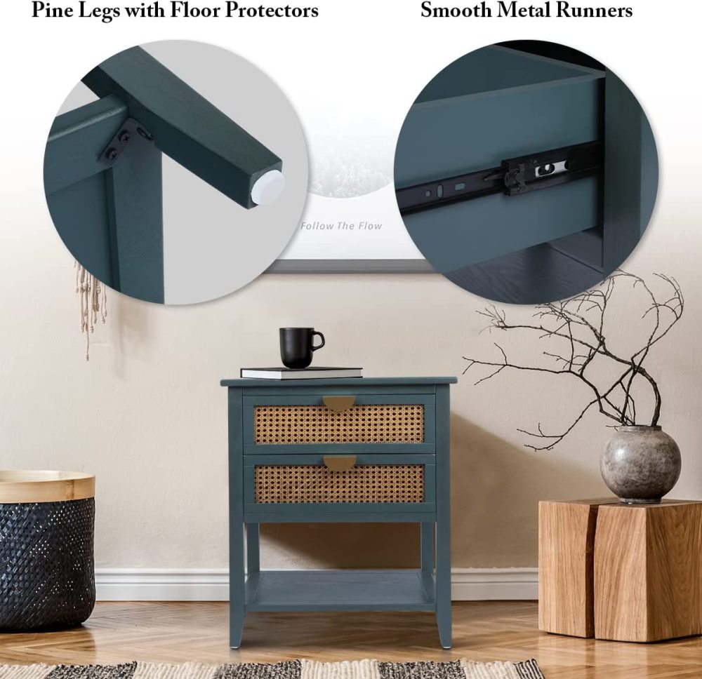 PEIHONGET Nightstands with 2 Drawers, Rattan Night Stand Bedside Table End Table Standing Storage Cabinet Organizer Dresser Drawer and Shelf for Entryway, Living Room, Bedroom, Nursery(Green)