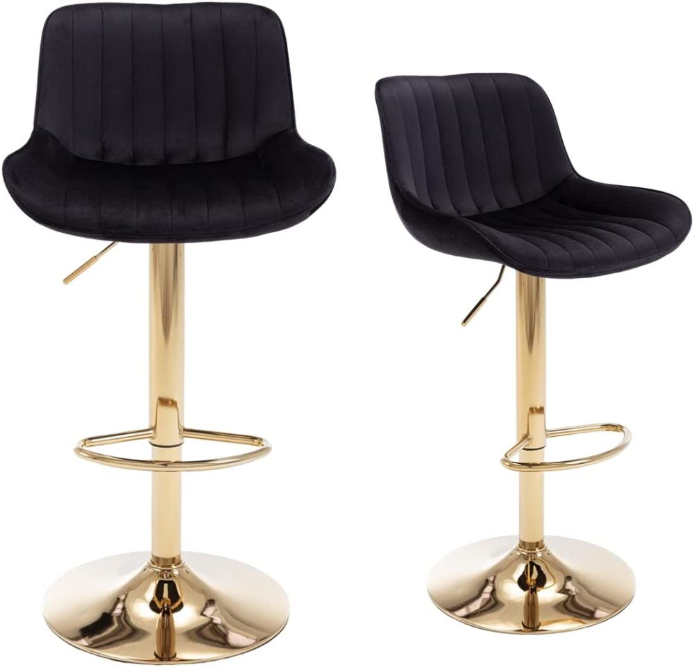  Bar Stools Set of 2, 360° Swivel Barstools with Golden Base, Adjustable Airlift Counter Height Bar Stool Velvet Bar Chair with Padded Back for Kitchen, Home Bar, Pub Cafe( Black)