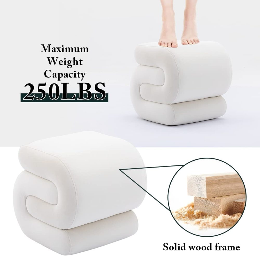 PEIHONGET S-Shape Velvet Ottoman, Vanity Stool Upholstered Footrest Ottoman Stool Dressing Chair Makeup Rest Stool Chair for Makeup, Living Room, Bedroom(White)