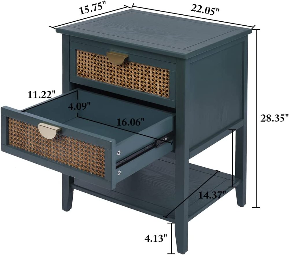 PEIHONGET Nightstands with 2 Drawers, Rattan Night Stand Bedside Table End Table Standing Storage Cabinet Organizer Dresser Drawer and Shelf for Entryway, Living Room, Bedroom, Nursery(Green)