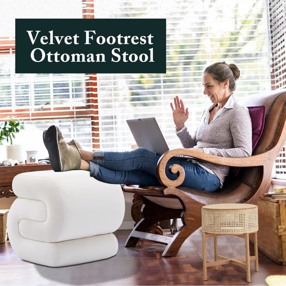 PEIHONGET S-Shape Velvet Ottoman, Vanity Stool Upholstered Footrest Ottoman Stool Dressing Chair Makeup Rest Stool Chair for Makeup, Living Room, Bedroom(White)