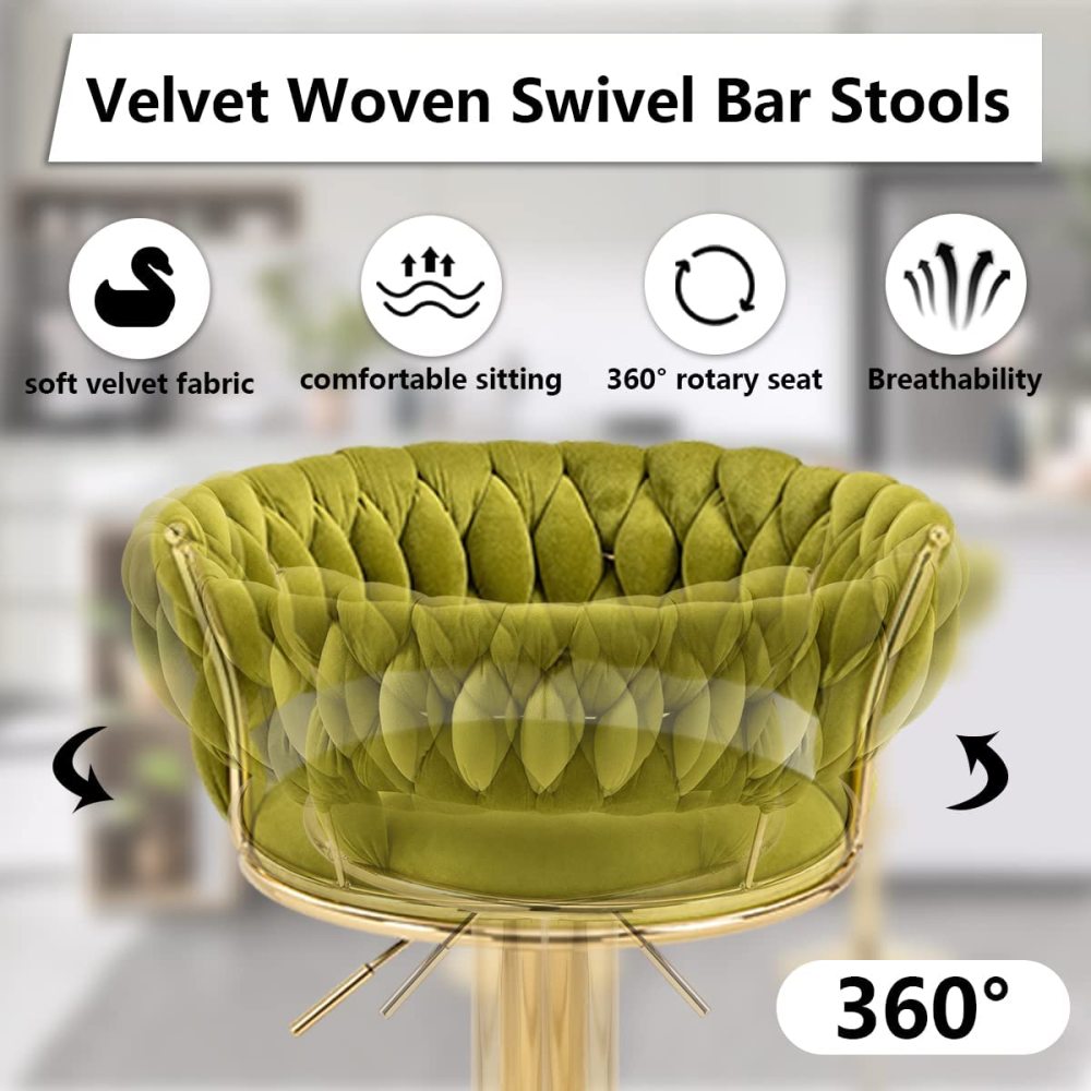 SZLIZCCC Velvet Woven Barstools Set of 2, Height Adjustable Kitchen Counter Stool, Island Chair, 360°Swivel Bar Chairs Gold Metal Chassis and Low Back Bar Stool