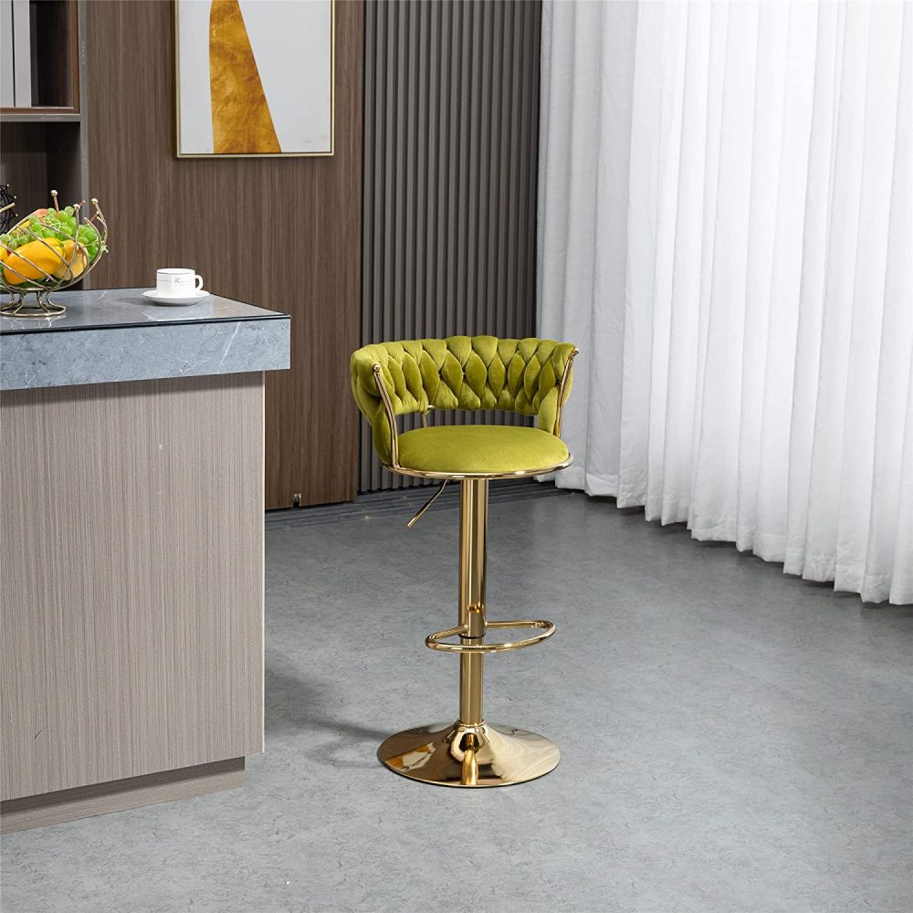 SZLIZCCC Velvet Woven Barstools Set of 2, Height Adjustable Kitchen Counter Stool, Island Chair, 360°Swivel Bar Chairs Gold Metal Chassis and Low Back Bar Stool