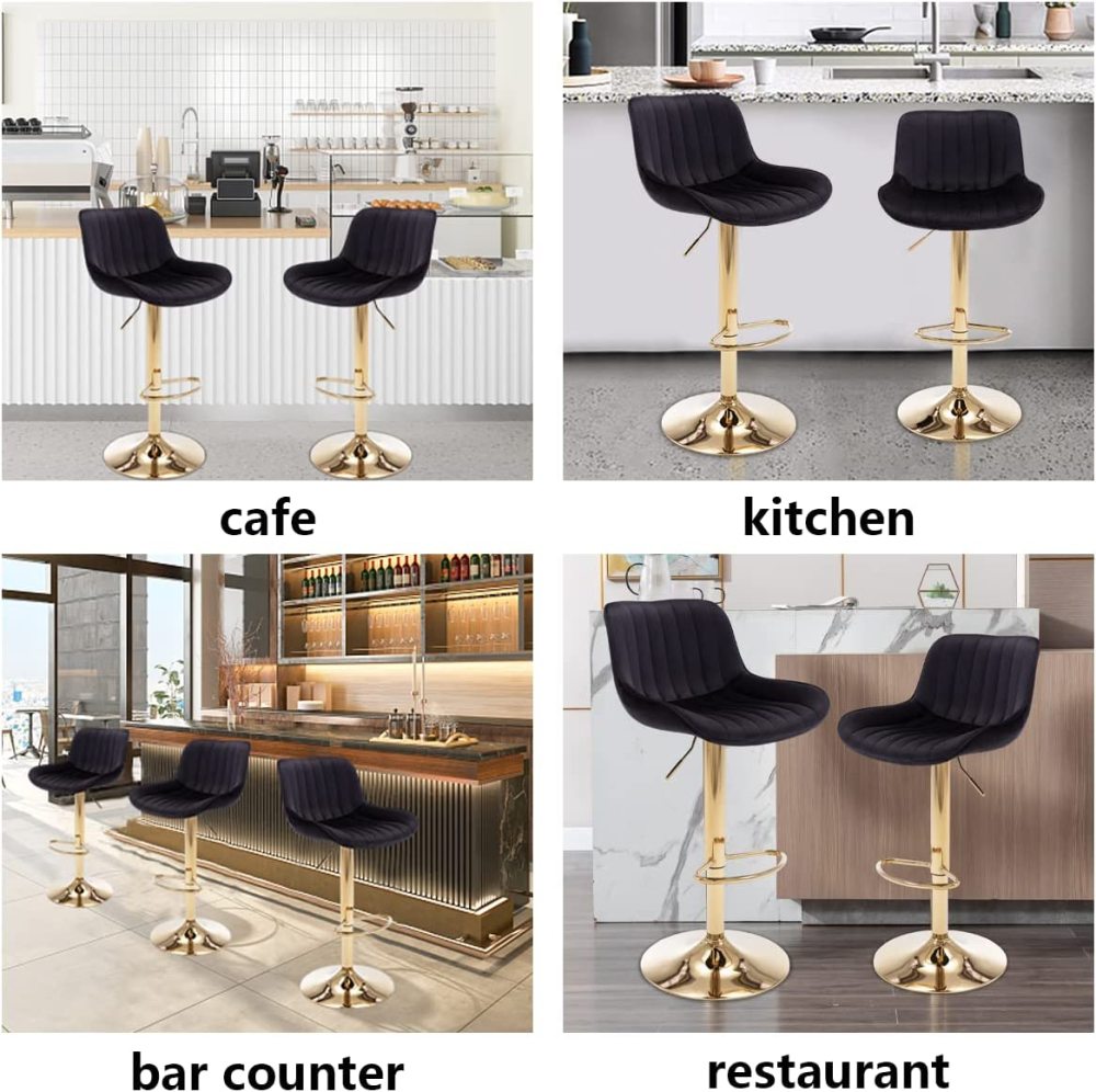 PEIHONGET Bar Stools Set of 2, 360° Swivel Barstools with Golden Base, Adjustable Airlift Counter Height Bar Stool Velvet Bar Chair with Padded Back for Kitchen, Home Bar, Pub Cafe( Black)