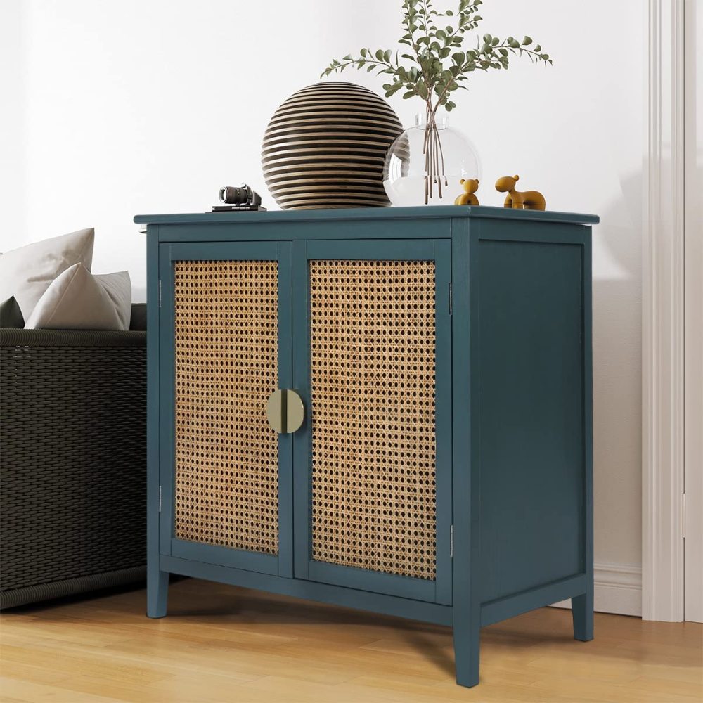 PEIHONGET Sideboard Cabinet, Rattan Accent Storage Cabinet with 2 Rattan Doors Kitchen Buffet Storage with Adjustable Shelves Cupboard for Dining Room, Living Room, Entryway, Hallway(Green)