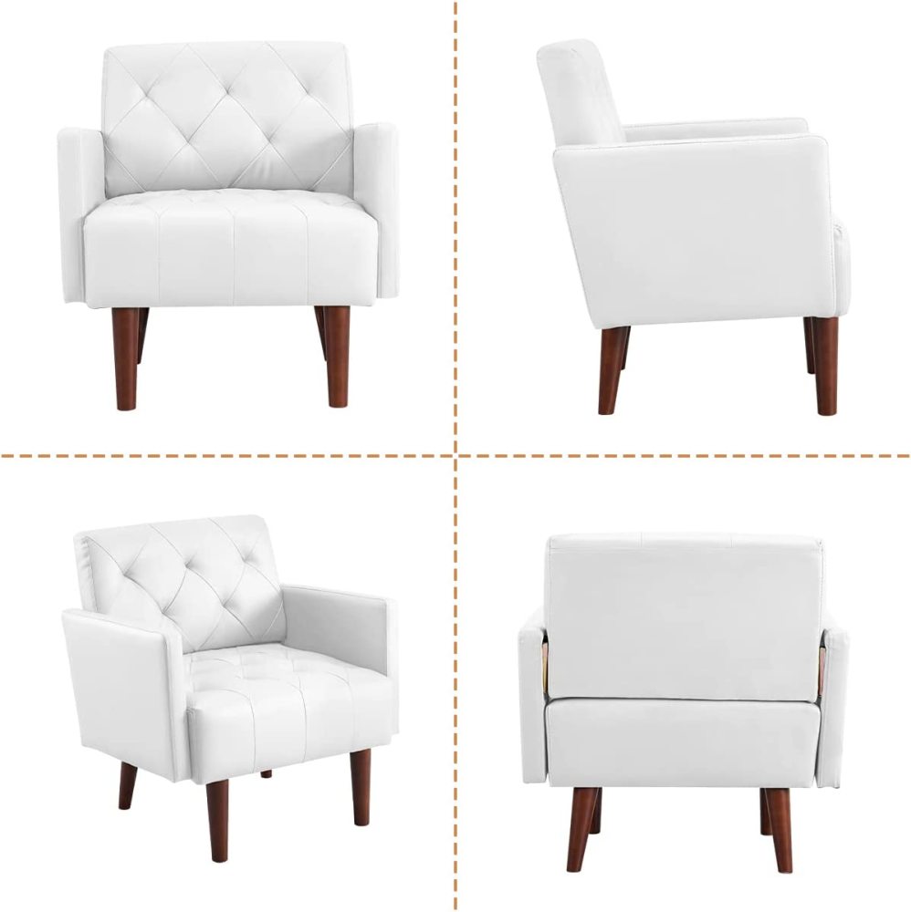 SZLIZCCC PU Leather Accent Chair, Mid Century Modern Armchair for Living Room Reading Tufted Chair Single Sofa High-Density Foam Cushion Solid Wood Legs for Home, Bedroom, Office, Reception(White)