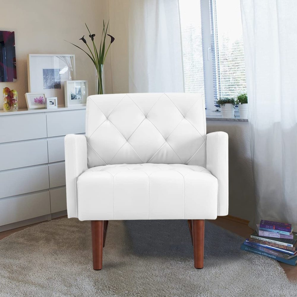 SZLIZCCC PU Leather Accent Chair, Mid Century Modern Armchair for Living Room Reading Tufted Chair Single Sofa High-Density Foam Cushion Solid Wood Legs for Home, Bedroom, Office, Reception(White)