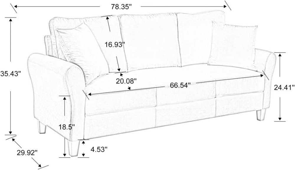PEIHONGET 78.35" Mid-Century Modern Living Room Sofa 3 Seater Velvet Sofa Couch with 2 Pillows Armrest and Wood Legs for Bedroom, Apartment, Dorm, Office (Gray)